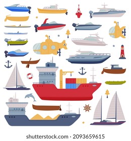 Watercraft or Swimming Water Vessel with Boat and Ship Vector Set