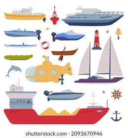 Watercraft or Swimming Water Vessel with Boat and Ship Vector Set