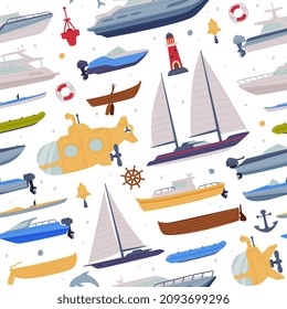 Watercraft or Swimming Water Vessel with Boat and Ship Vector Seamless Pattern