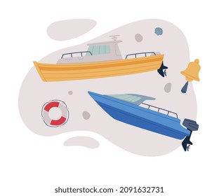 Watercraft or Swimming Water Vessel with Motorboat and Lifebuoy Vector Composition