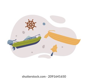 Watercraft or Swimming Water Vessel with Motorboat and Ship Wheel Vector Composition