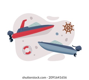 Watercraft or Swimming Water Vessel with Motorboat and Lifebuoy Vector Composition