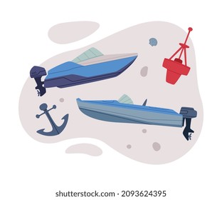 Watercraft or Swimming Water Vessel with Motorboat and Anchor Vector Composition