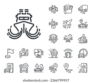 Verkehrszeichen für Wasserfahrzeuge. Symbole der Planen-, Lieferketten- und Platzierungsstruktur. Schiff in Wellen Linie Symbol. Versandsymbol. Schiffslinienzeichen. Taxi-Transport, mieten Sie ein Fahrradsymbol. Reiseplan. Vektorgrafik