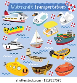 Watercraft Transportations cartoon set with marine background in perspective view vector illustration set 2.