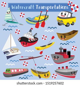 Watercraft Transportations cartoon set with marine background in perspective view vector illustration set 1.