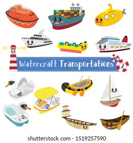 Watercraft Transportations cartoon set on white background in perspective view vector illustration set 2.