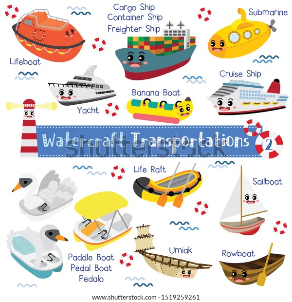 Watercraft Transportations\
cartoon set with vehicles name in perspective view vector\
illustration set 2.