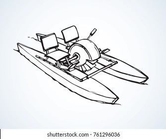 Watercraft two hulls bicycle skiff on white ocean backdrop. Freehand line black ink hand drawn emblem in artistic retro cartoon doodle engraving style pen on paper. Isometric view with space for text