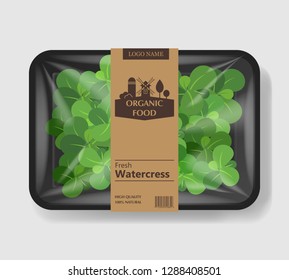 Watercress salad leaves with plastic tray container with cellophane cover. Retro design. Mockup template for your salad design. Plastic food container. Vector illustration.