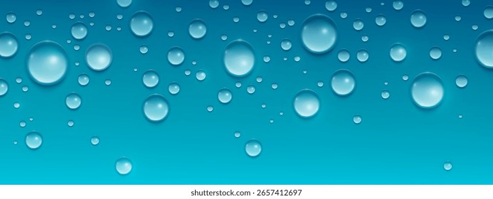 Cuentas de gota de agua en la superficie azul - gotas cristalinas con sombras, varios tamaños de esferas de agua pura dispersas sobre fondo liso. Elementos de humedad fresca para publicidad de bebidas, efectos de lluvia.