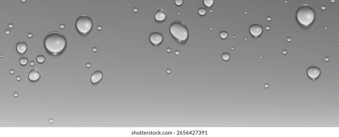 Cuentas de gota de agua en la superficie gris - gotas cristalinas con sombras, varios tamaños de esferas de agua pura dispersas sobre fondo liso. Elementos de humedad fresca para publicidad de bebidas, efectos de lluvia.