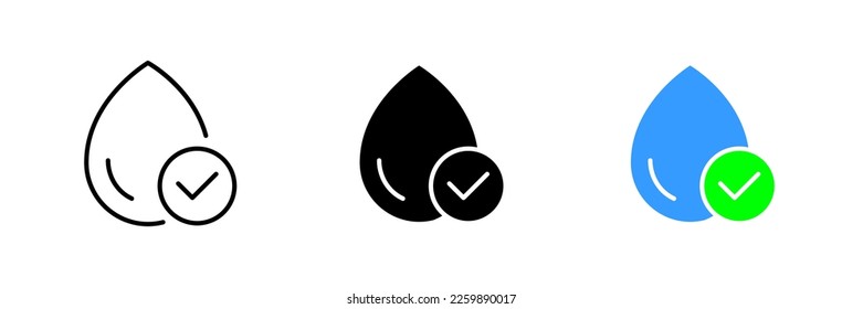 Waterdrop with a checkmark. Tick, approve, approval, research, pure water quality analysis, chemistry, humidification. Vector set icon in line, black and colorful styles isolated on white background