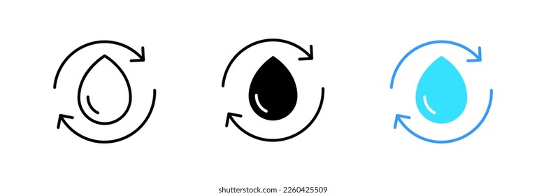 Waterdrop with circular arrows. Nature, rain drop, water, clean, drinking, take care of environment, save the planet. Vector set icon in line, black and colorful styles isolated on white background