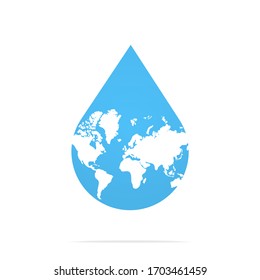 Waterdrop falls, there is a map of the world in the drop. Isolated Vector  