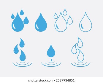 Conjunto de iconos de gota de agua. Logotipo de goteo de lluvia líquida. símbolo de gota. Un solo signo de lágrimas y aceite, estilo plano