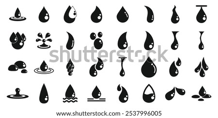 Waterdrop icons set. Various depictions of water droplets, showcasing falling, splashing, merging, and forming ripples and puddles