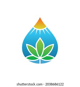 Cascada, sol y marihuana de fondo blanco. diseño de logotipo vectorial minimalista