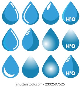 Waterdrop vector, flat logo shapes.  Collection of 12 water droplet icons