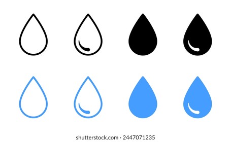 Conjunto de iconos de Vector de gota de agua. Logotipo líquido de goteo de lluvia. Signo de gotita. Símbolo aislado de lágrima y aceite. Sencilla marca de salpicadura azul.