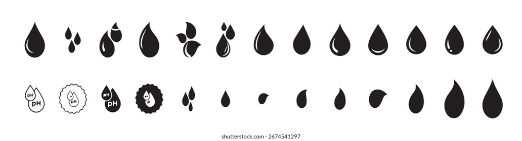 Conjunto de iconos de Vector de gota de agua. Logotipo líquido de goteo de lluvia. Signo de gotita. Lágrima y aceite aislado símbolo. Sencilla marca de salpicadura azul. Iconos de la gota de agua - serie multi, Ilustración vectorial.