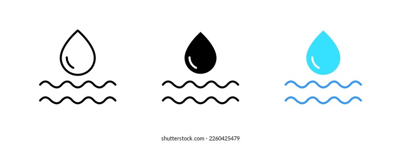 Wassertropfen mit Wellen. Sauberes Trinkwasser, Regenfall, Wasserkreislauf in der Natur, Wasserspeicher, Schwimmen. Vektorset-Symbol in Linie, schwarz-bunte Stile einzeln auf weißem Hintergrund