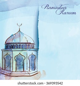 Waterecolor sketch mosque greeting card template Ramadan Kareem - Translation of text : Ramadan Kareem - May Generosity Bless you during the holy month