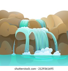 Waterfall among rocks. Cascade shimmers downward. Water flowing. Cool cartoon style. Rounded stones. Object isolated on white background. Vector.