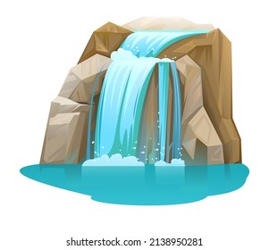 Waterfall among rocks. Cascade shimmers downward. Water flowing. Cool cartoon style. Object isolated on white background. Goes down obliquely. Vector.