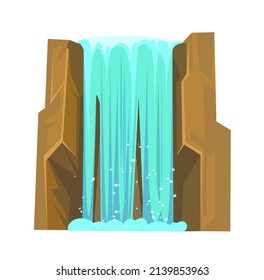 Waterfall among rocks. Cascade shimmers downward. Water flowing. Object isolated on white background. Little spray. Cool cartoon style. Vector.