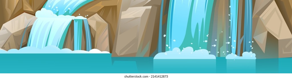 Waterfall among rocks. Cascade shimmers downward. Water flowing. Vector.