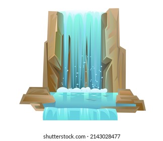 Waterfall among rocks. Cascade shimmers downward. Water flowing. Object isolated on white background. Cool cartoon style. Across lake. Vector.