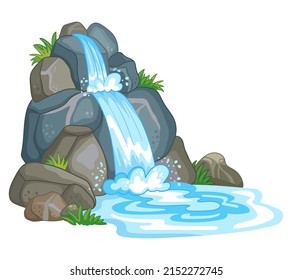 Waterfall among rocks. Cascade shimmers downward. Water flowing. Vector illustration in cute cartoon style isolated on white background. For print, design, advertising, cards, stationery and textiles