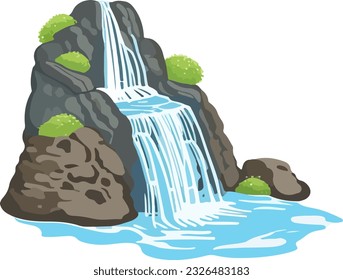 Waterfall among rocks. Cascade shimmers downward. Water flowing. Vector illustration in cute cartoon style isolated on white background. For print, design, advertising, cards, stationery and textiles
