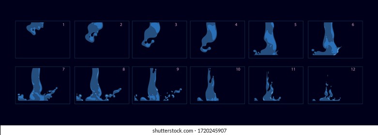 Wasserfall-Animation.Wasser spritzt Animation. Wassersplash-Sprite-Blatt für Spiel, Cartoon oder Animation. Regenfall 2d klassische Animation. Wasserstrom-Effekt. - Vektorgrafik