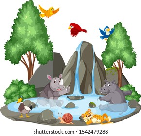 Waterfall background illustration scene with wild animals