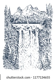 Waterfall in the background of the mountains. Landscape of nature in the forest. Engraved hand drawn in old sketch and monochrome vintage style. Travel postcard.