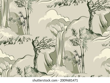waterfall bamboo vector japanese chinese nature ink illustration engraved sketch traditional textured seamless pattern colorful