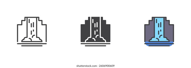 Waterfall between rocks different style icon set. Line, glyph and filled outline colorful version, outline and filled vector sign. Symbol, logo illustration. Vector graphics