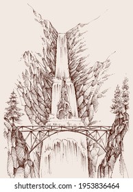 Waterfall and bridge over river hand drawing