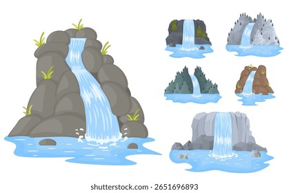 Waterfall cartoon design. Flowing stream and splash over cliff with stone river, fresh aqua drops and wild landscape. Vector nature background with flat tropical hill and scenic mountain view.

