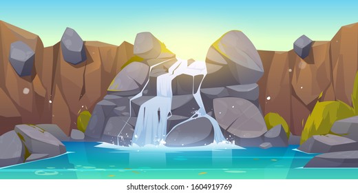 Waterfall cartoon illustration. River stream flowing throw rocks to mountain lake. Vector landscape of cascade falling water, stones and bushes in park, jungles or garden