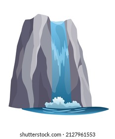 Waterfall. Cartoon landscape with rock mountain. River fall from cliff on white background. Picturesque tourist attraction with clear water