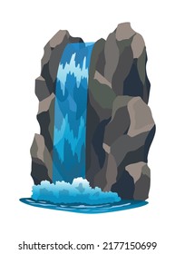 Waterfall. Cartoon landscape with rock mountain. River fall from cliff on white background. Picturesque tourist attraction with clear water