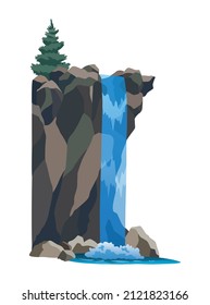 Waterfall. Cartoon landscape with rock mountains and tree. River fall from cliff on white background. Picturesque tourist attraction with clear water