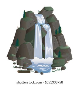 Waterfall. Cartoon landscapes with mountains and fir trees. Vector illustration