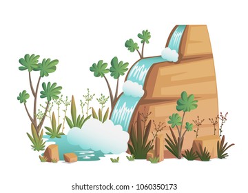 Waterfall. Cartoon Landscapes With Mountains, Trees And Bushes . Vector Illustration 