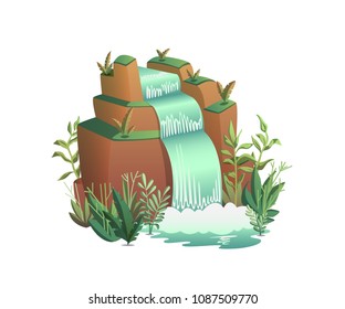 Waterfall. Cartoon landscapes with mountains, trees and bushes . Vector illustration 