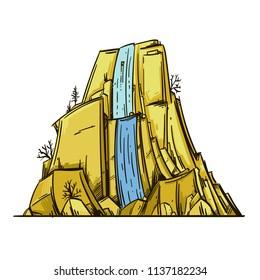 Waterfall in cartoon style. Landscape element for game design and animation. Vector illustration isolated on white background.