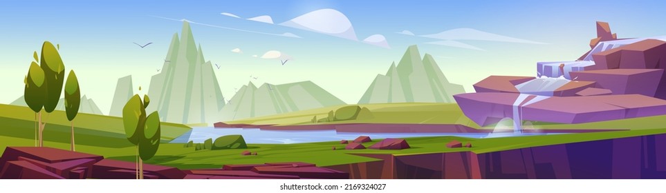 Waterfall cascade at beautiful nature cartoon panoramic landscape. River stream flowing from rocks and fall to creek or lake with green hills and trees around. Wild summer area, Vector illustration